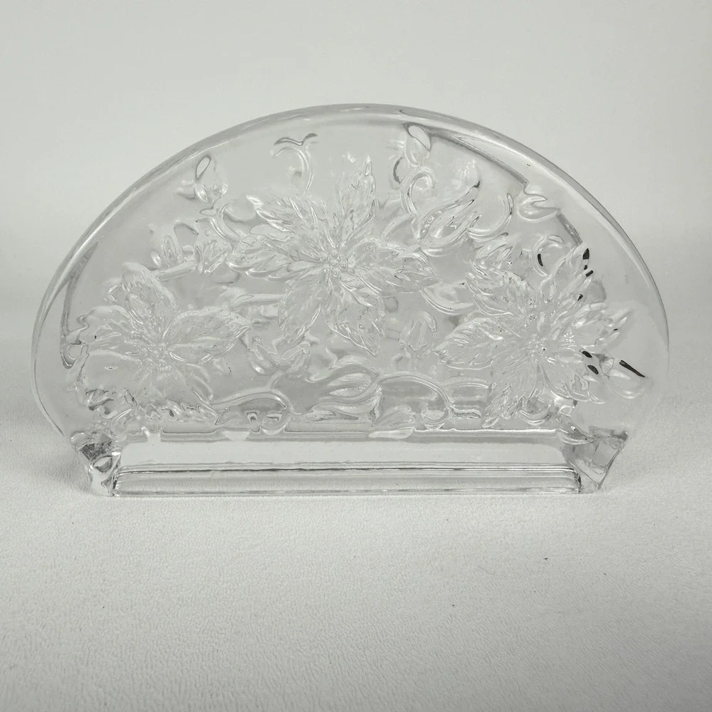 Princess House Fantasia Napkin Holder Clear Crystal Glass Poinsettias Vintage